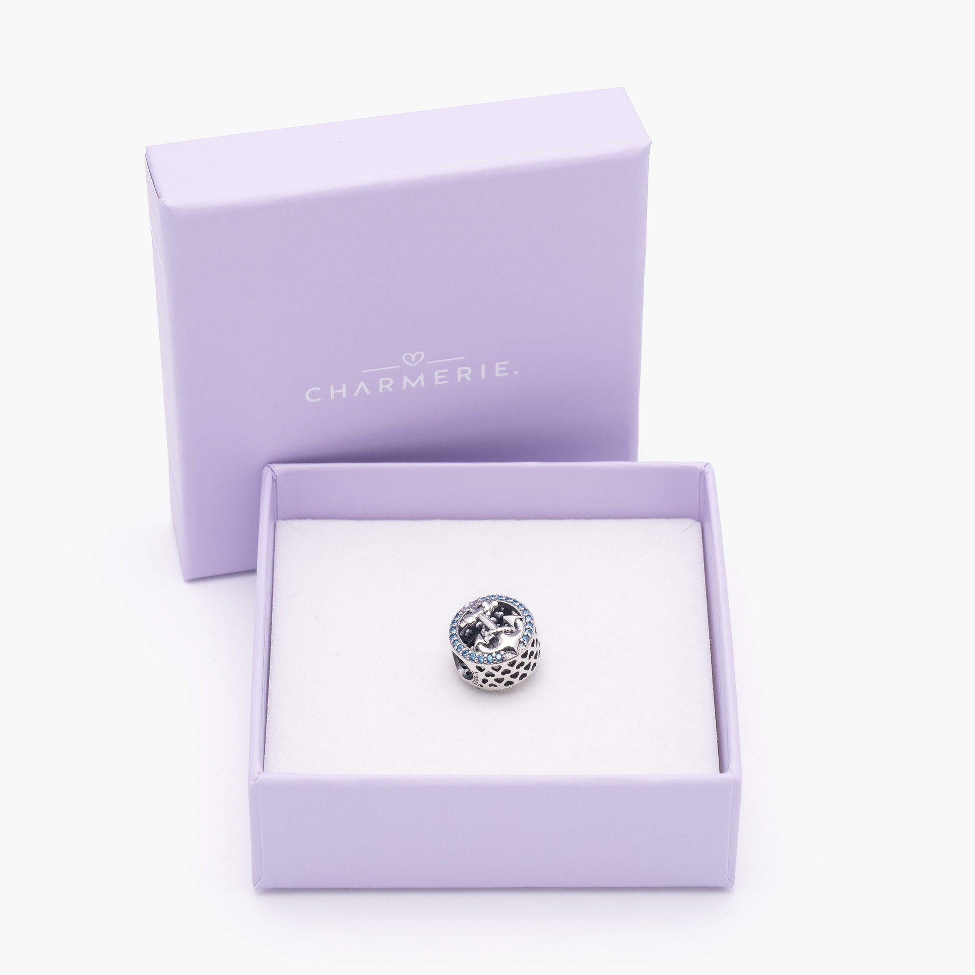 Anker Charm mit blauen Zirkonia aus 925 Sterling-Silber in Charmerie Geschenkbox