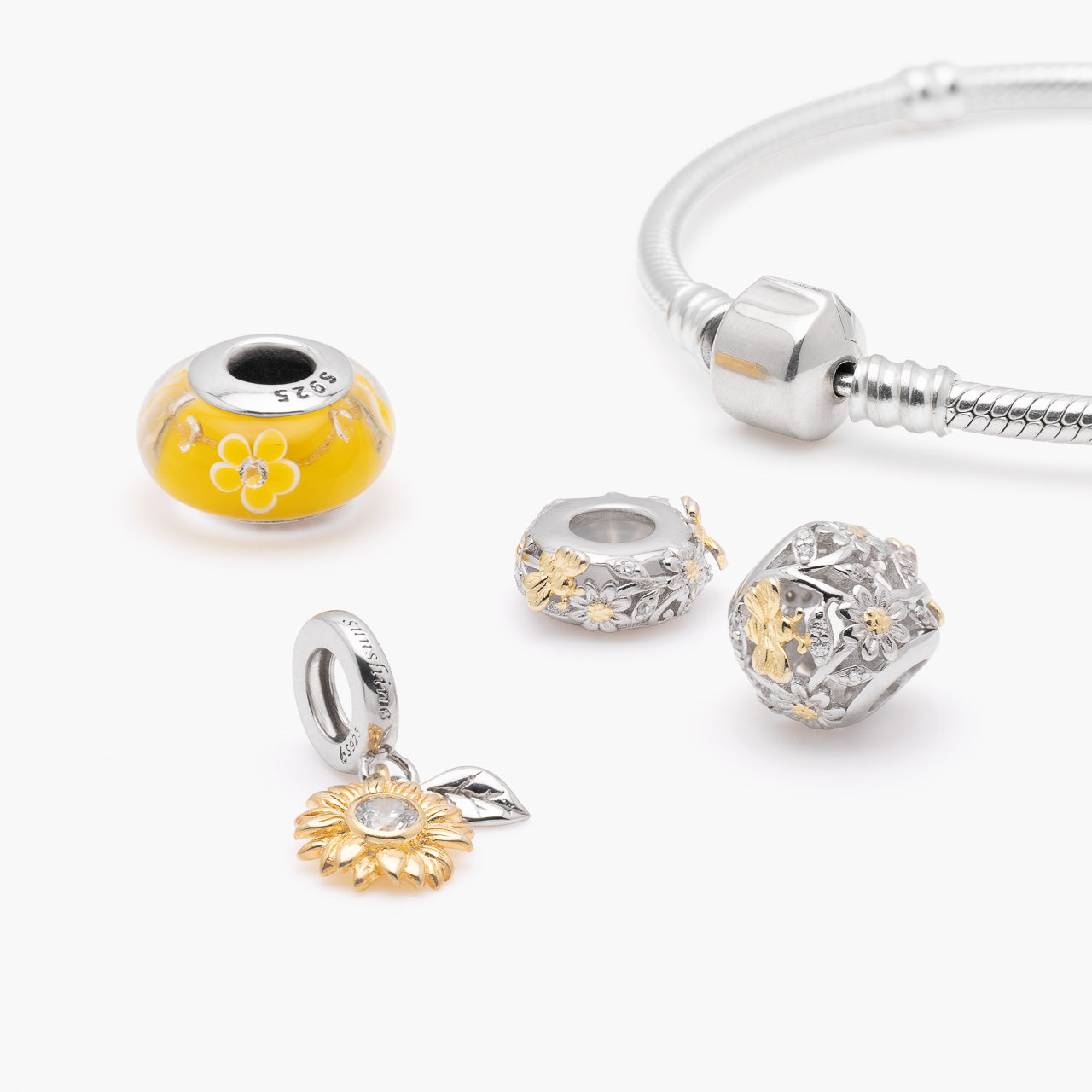 Armband mit Charms Set BEE YELLOW aus 925 Sterling-Silber, Komposition – Charmerie – erhältlich in 17 cm, 18 cm, 19 cm und 20 cm
