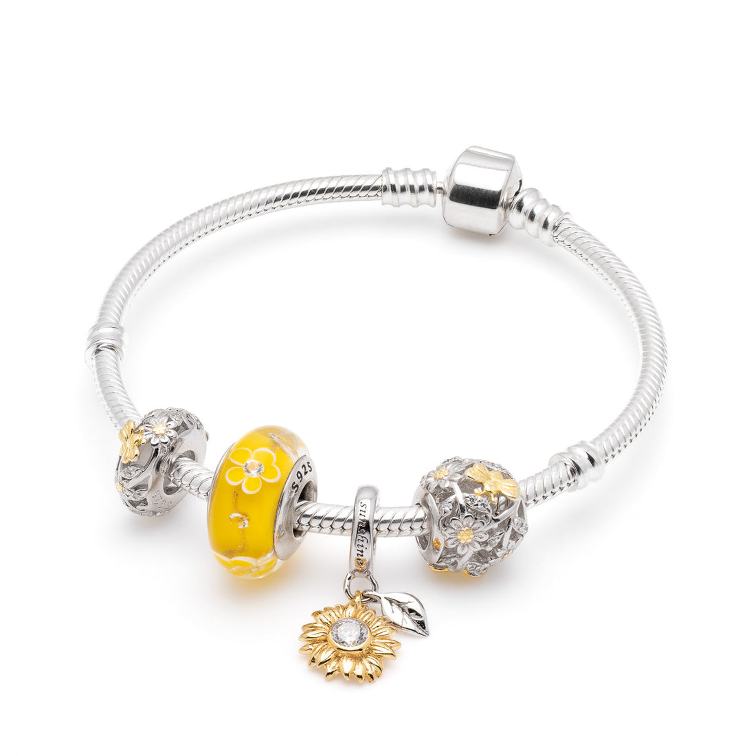 Armband mit Charms Set BEE YELLOW aus 925 Sterling-Silber – Charmerie – erhältlich in 17 cm, 18 cm, 19 cm und 20 cm