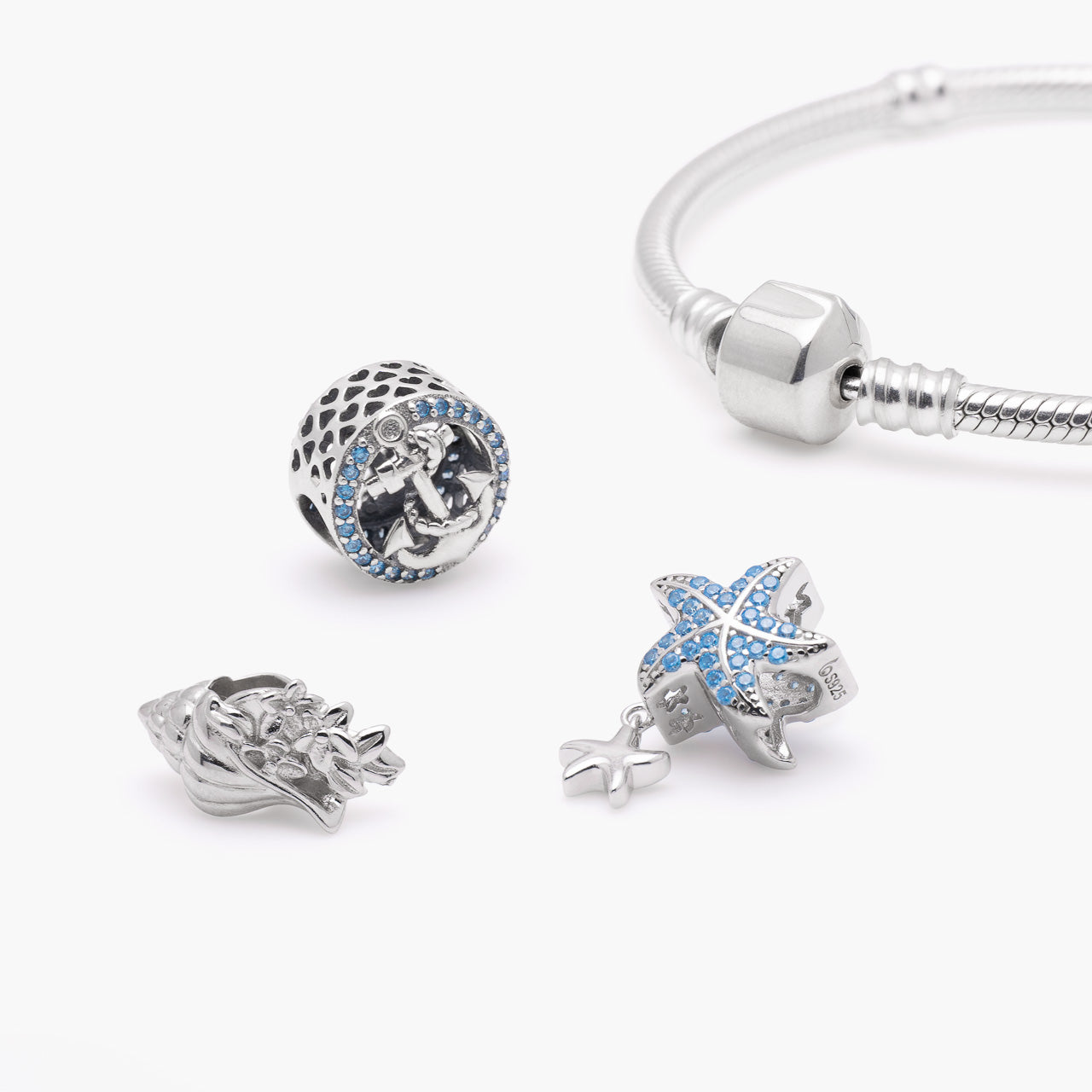 Armband mit Charms Set BLUE OCEAN aus 925 Sterling-Silber, Komposition – Charmerie – erhältlich in 17 cm, 18 cm, 19 cm und 20 cm