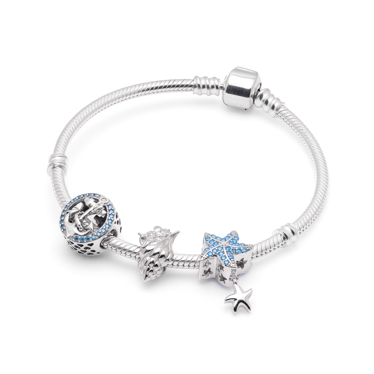 Armband mit Charms Set BLUE OCEAN aus 925 Sterling-Silber – Charmerie – erhältlich in 17 cm, 18 cm, 19 cm und 20 cm