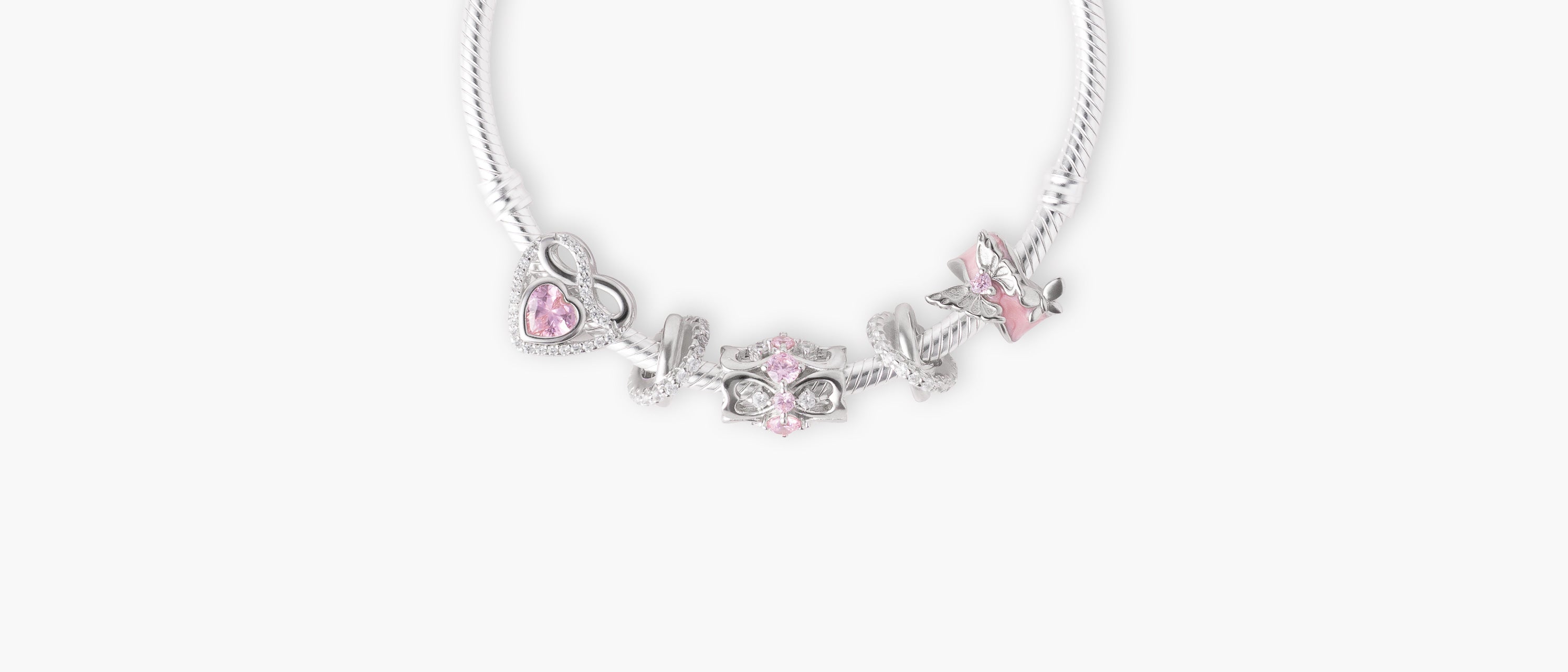 Armband mit Charms Set INFINITY LOVE aus 925 Sterling-Silber, Flatlay – Charmerie