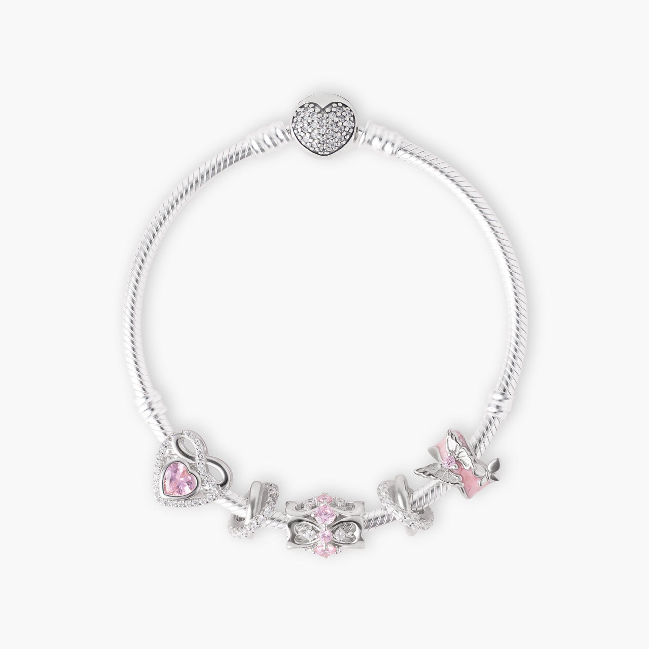 Armband mit Charms Set INFINITY LOVE aus 925 Sterling-Silber, Flatlay – Charmerie – erhältlich in 17 cm, 18 cm, 19 cm und 20 cm