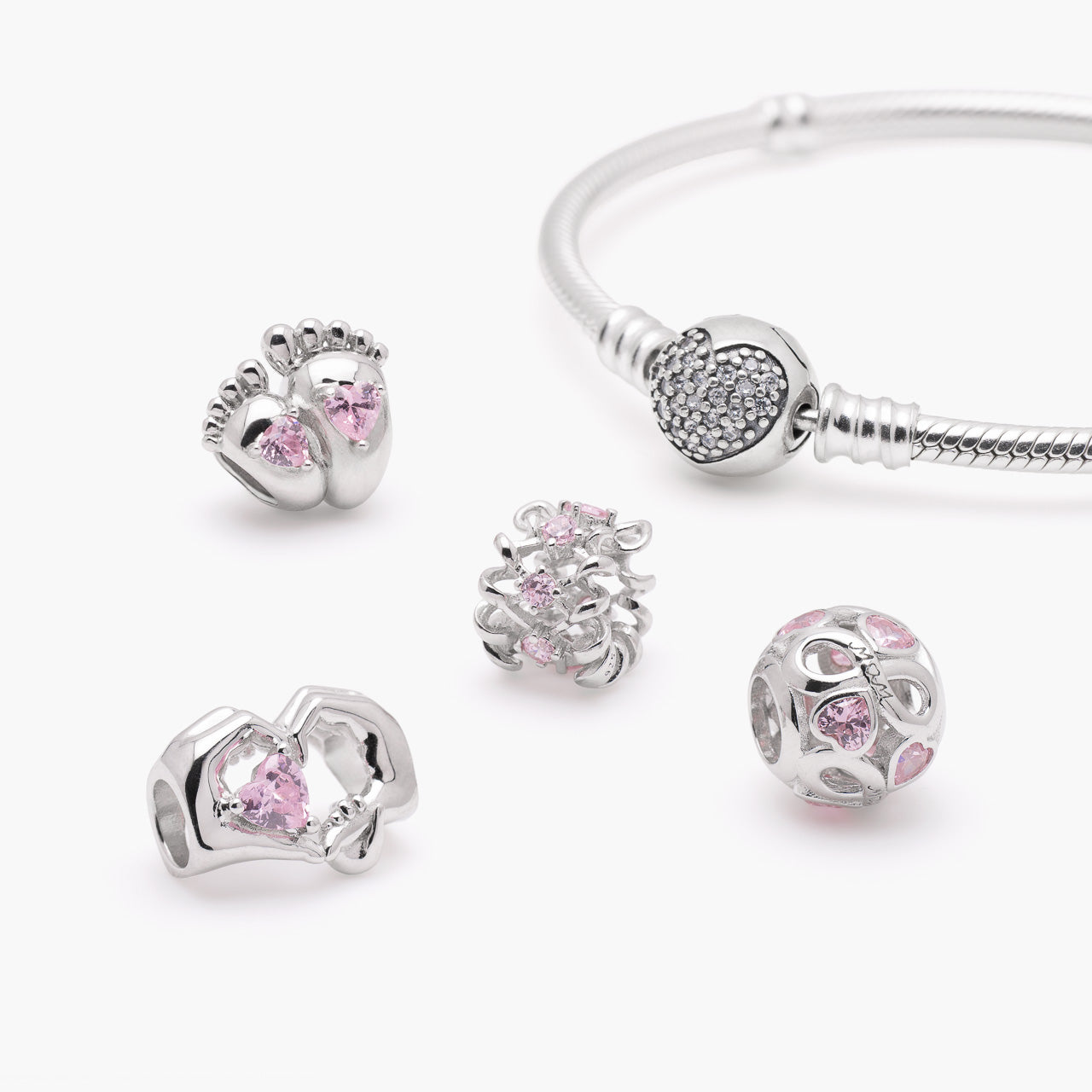 Armband mit Charms Set INFINITY MOM LOVE aus 925 Sterling-Silber, Komposition – Charmerie – erhältlich in 17 cm, 18 cm, 19 cm und 20 cm