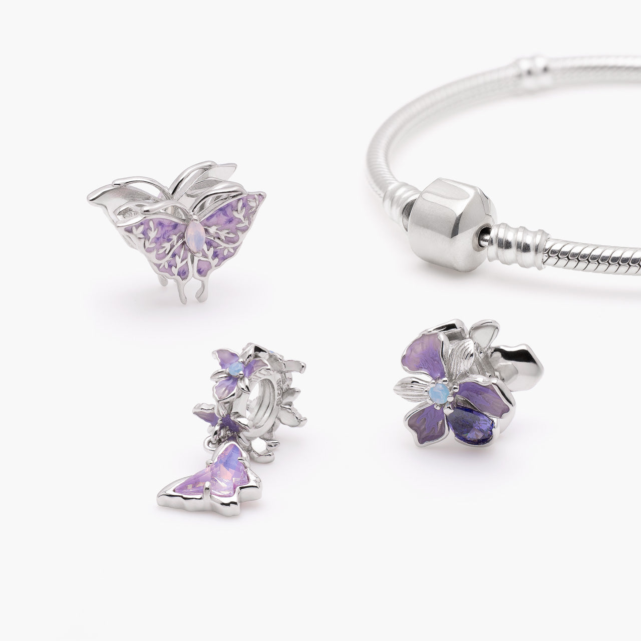 Armband mit Charms Set LAVENDER FAIRYFLIGHT aus 925 Sterling-Silber, Komposition – Charmerie – erhältlich in 17 cm, 18 cm, 19 cm und 20 cm