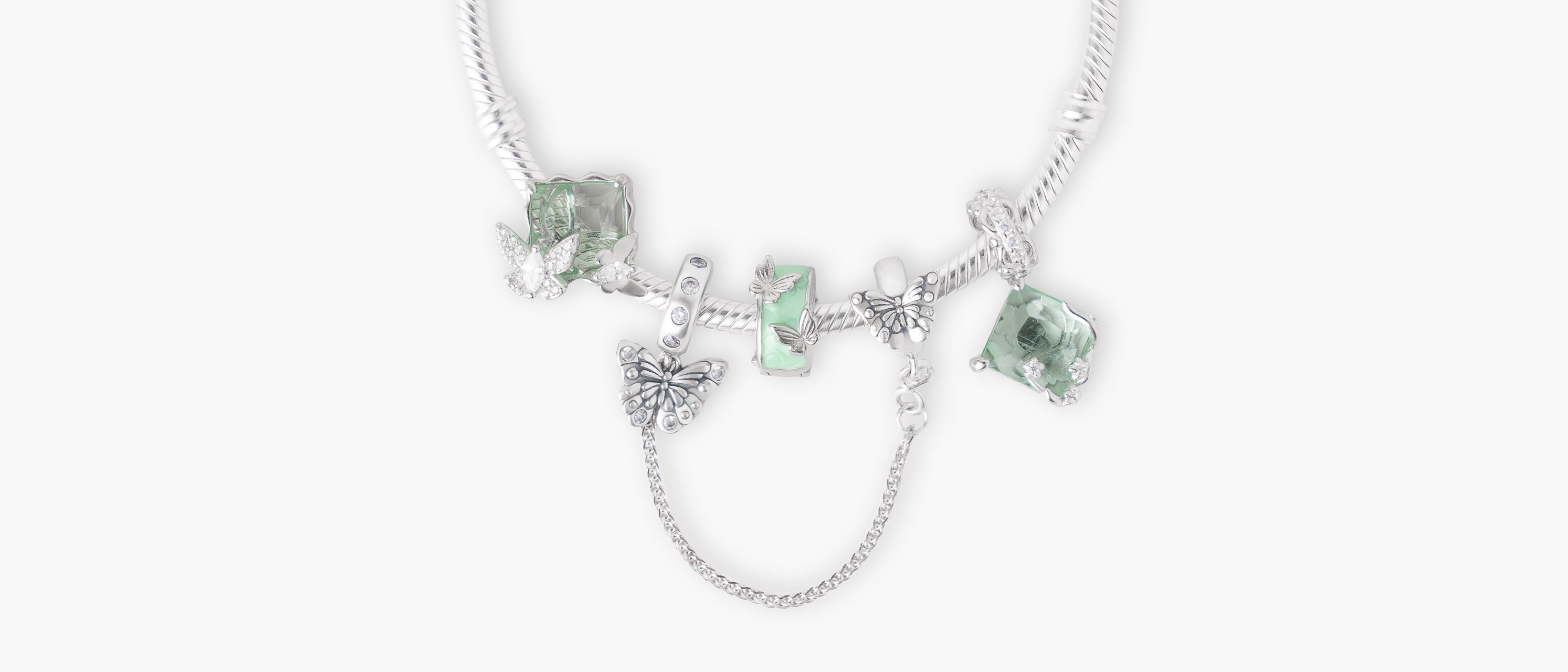 Armband mit Charms Set MINT MOMENTS aus 925 Sterling-Silber, Flatlay – Charmerie