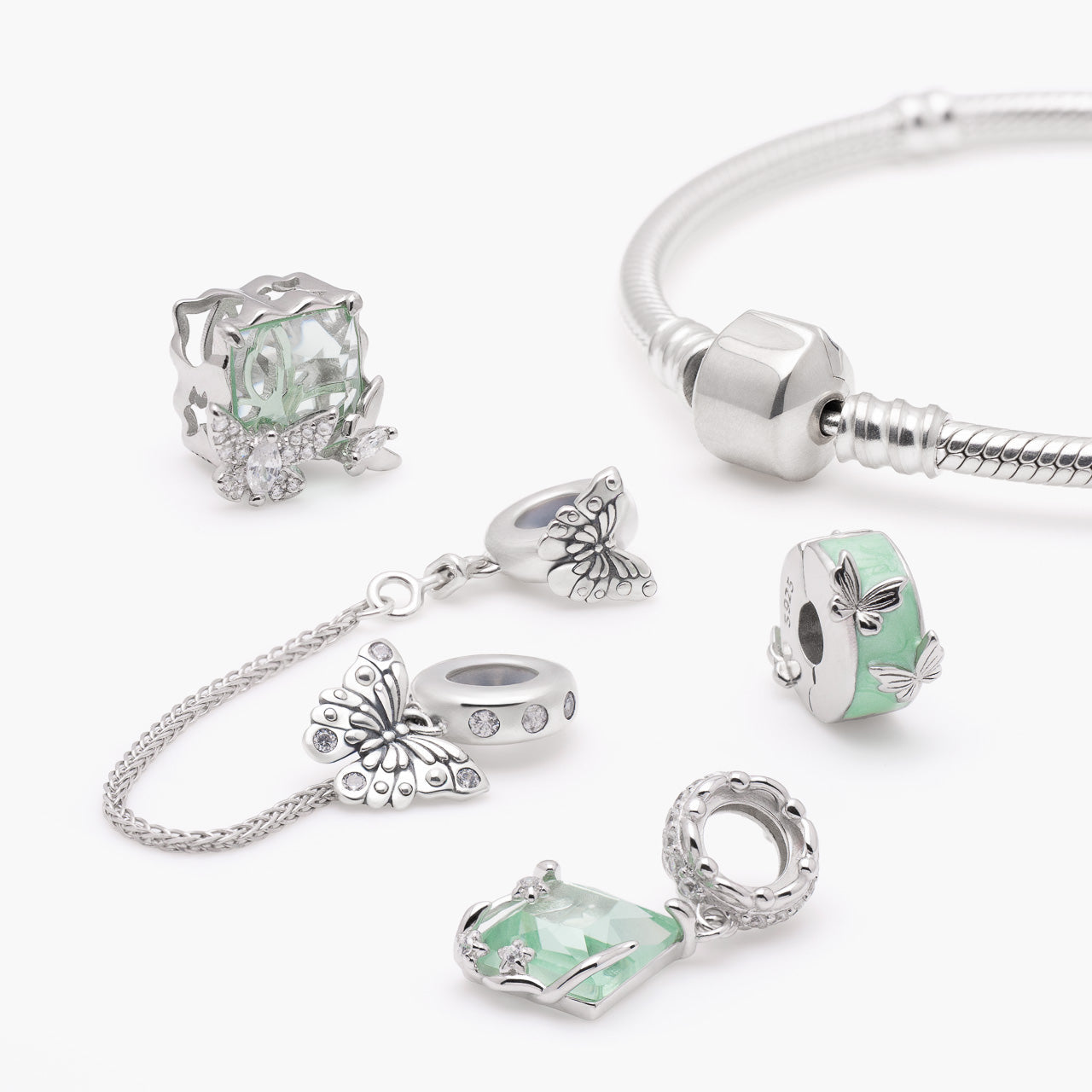 Armband mit Charms Set MINT MOMENTS aus 925 Sterling-Silber, Komposition – Charmerie – erhältlich in 17 cm, 18 cm, 19 cm und 20 cm