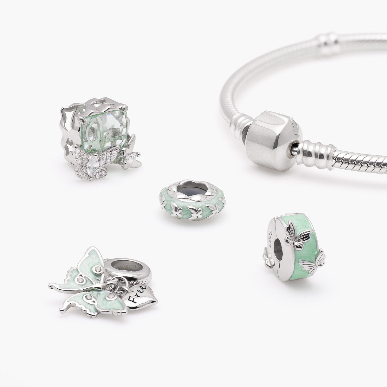 Armband mit Charms Set MINT WINGS aus 925 Sterling-Silber, Komposition – Charmerie – erhältlich in 17 cm, 18 cm, 19 cm und 20 cm