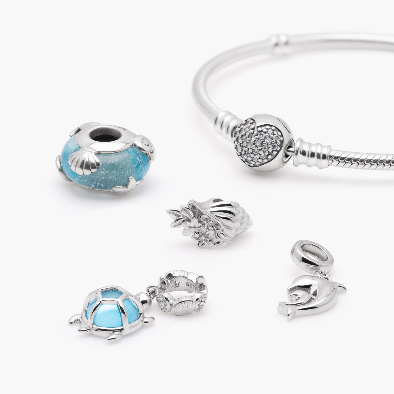 Armband mit Charms Set OCEAN LOVE aus 925 Sterling-Silber, Komposition – Charmerie – erhältlich in 17 cm, 18 cm, 19 cm und 20 cm
