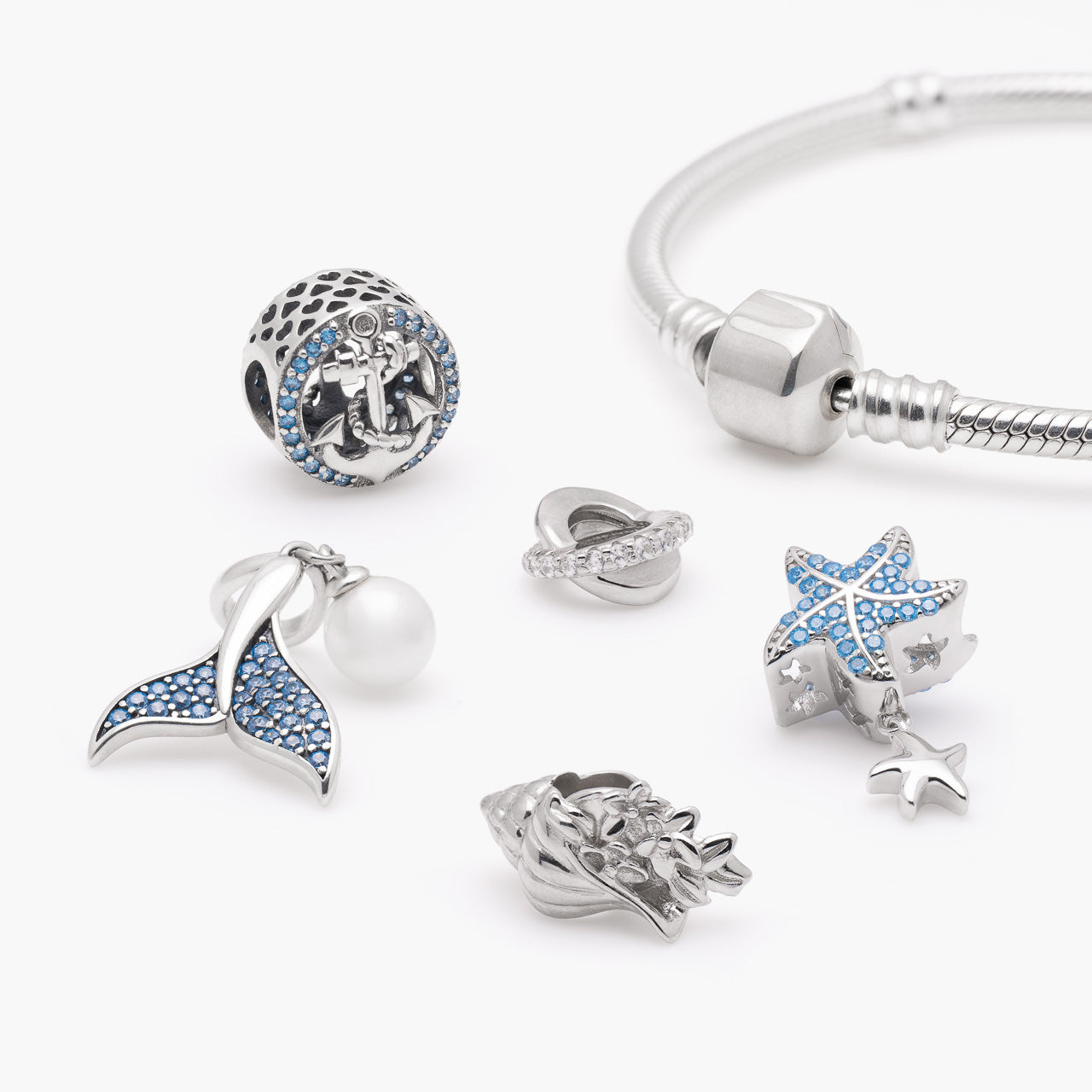 Armband mit Charms Set OCEAN WITHIN aus 925 Sterling-Silber, Komposition – Charmerie – erhältlich in 17 cm, 18 cm, 19 cm und 20 cm