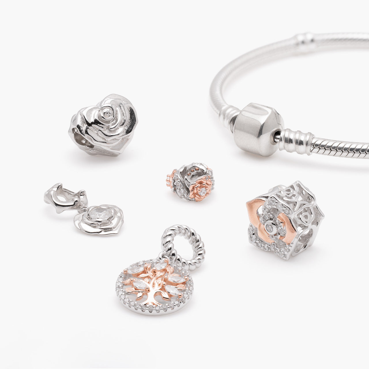Armband mit Charms Set ROSÉ BLOOM aus 925 Sterling-Silber, Komposition – Charmerie – erhältlich in 17 cm, 18 cm, 19 cm und 20 cm