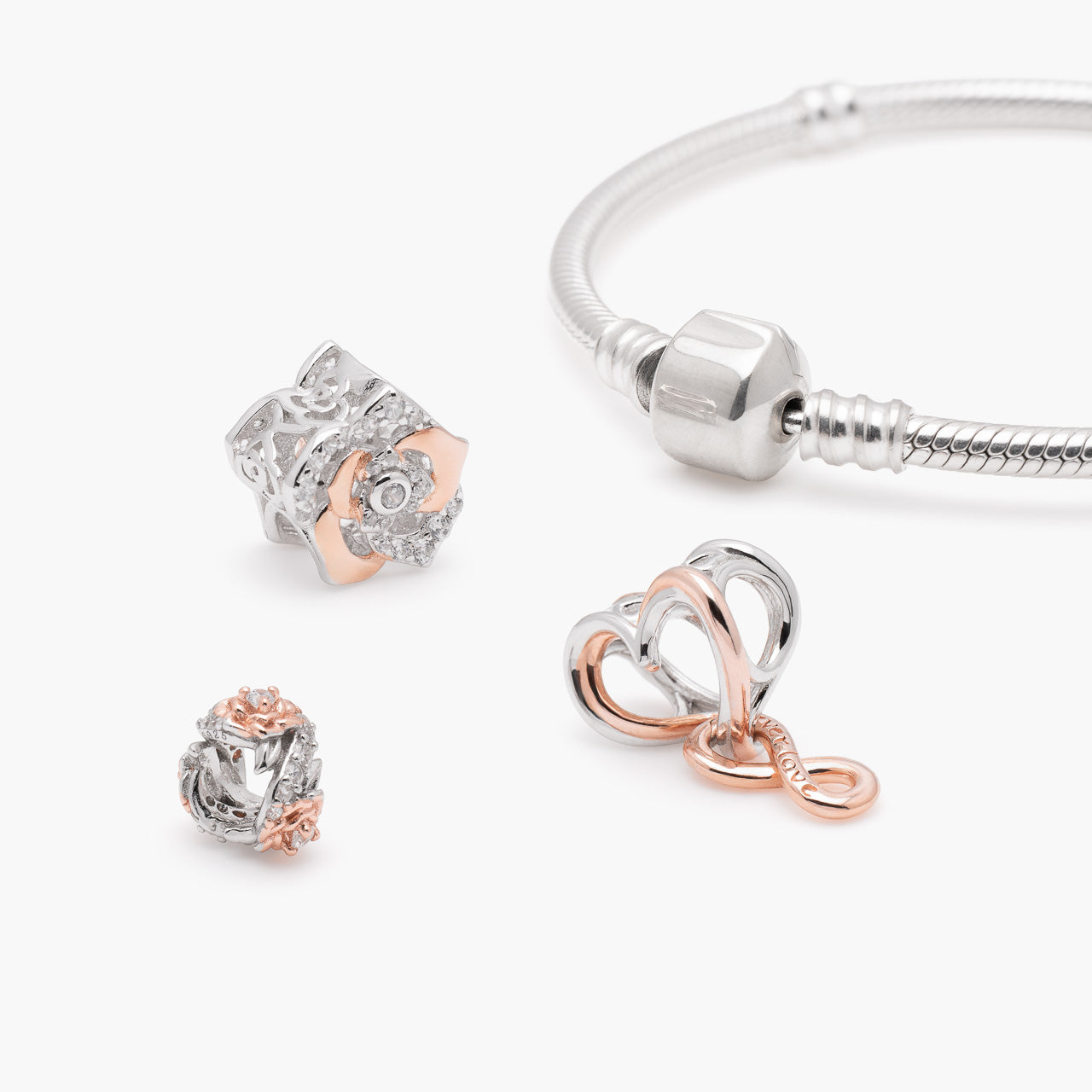 Armband mit Charms Set ROSÉ DREAM aus 925 Sterling-Silber, Komposition – Charmerie – erhältlich in 17 cm, 18 cm, 19 cm und 20 cm