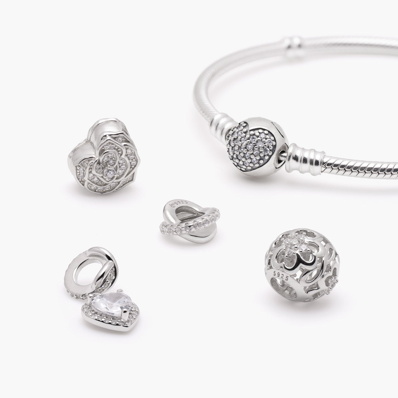 Armband mit Charms Set SHINE BRIGHT aus 925 Sterling-Silber, Komposition – Charmerie – erhältlich in 17 cm, 18 cm, 19 cm und 20 cm