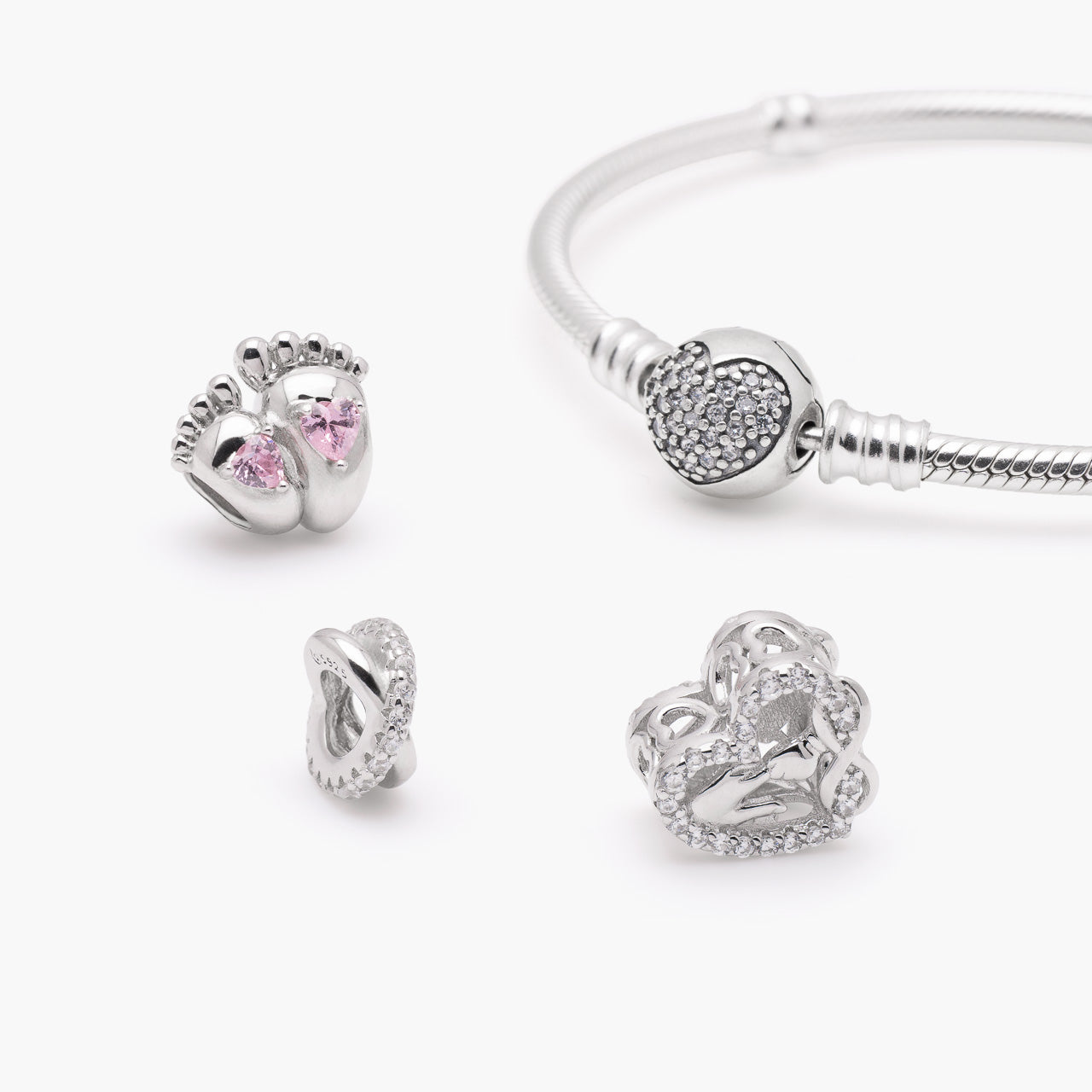 Armband mit Charms Set WHERE LOVE BEGINS aus 925 Sterling-Silber, Komposition – Charmerie – erhältlich in 17 cm, 18 cm, 19 cm und 20 cm