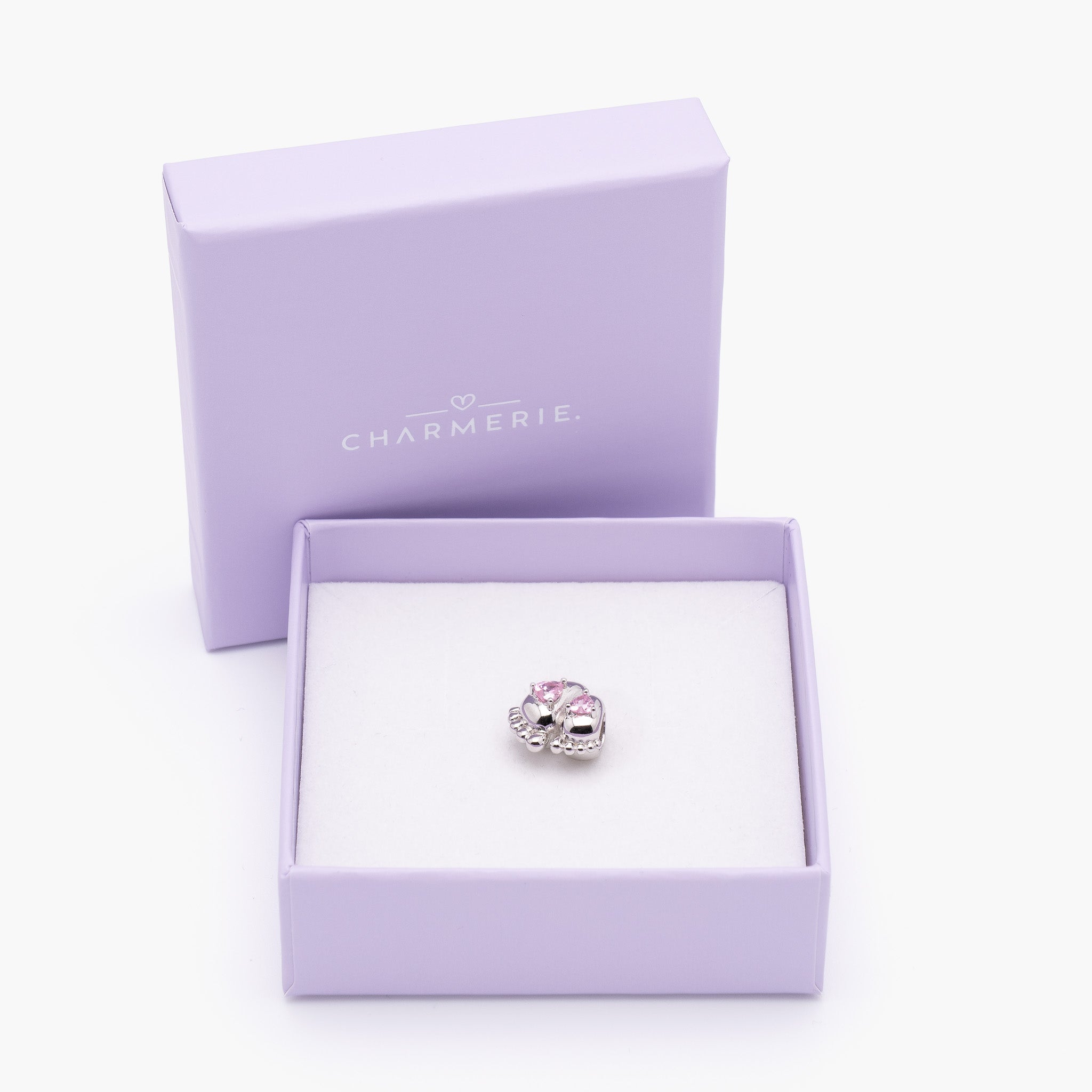 Babyfüße Charm mit rosa Herzen aus 925 Sterling-Silber in Charmerie Geschenkbox