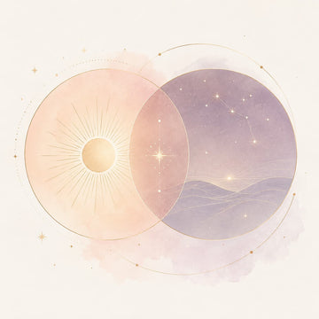 Illustration von Sonne, Sternenhimmel und Tierkreis als Symbol für Sternzeichen und Aszendent