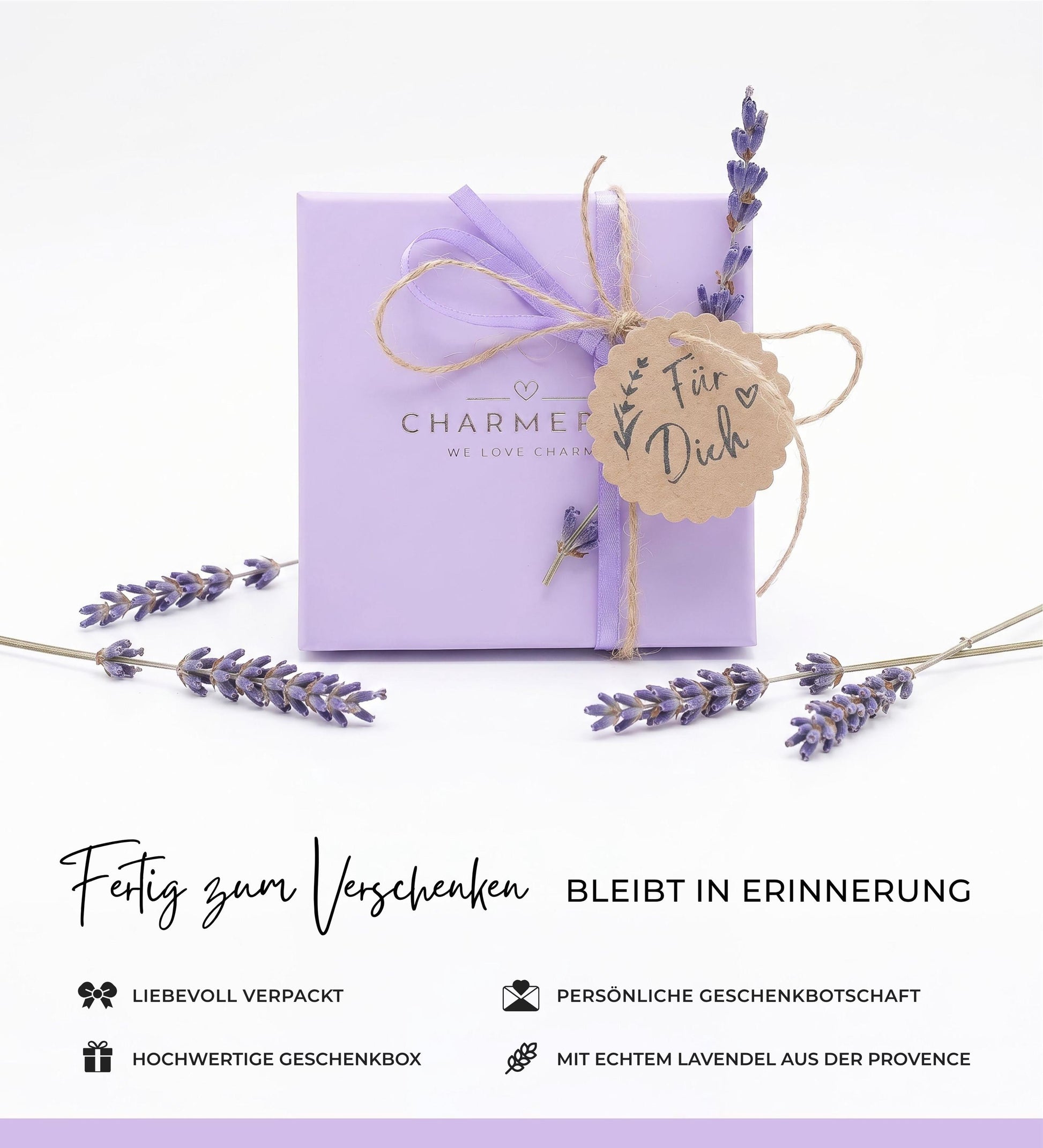 Charmerie Geschenkverpackung: lilafarbene Box mit Lavendelzweig und Anhänger "Für Dich", fertig zum Verschenken