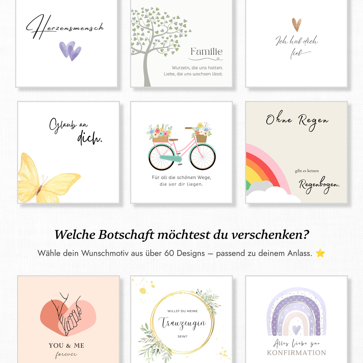 Übersicht der personalisierbaren Charmerie-Grußkarten-Designs für verschiedene Anlässe wie Geburtstag, Konfirmation und Dankeschön