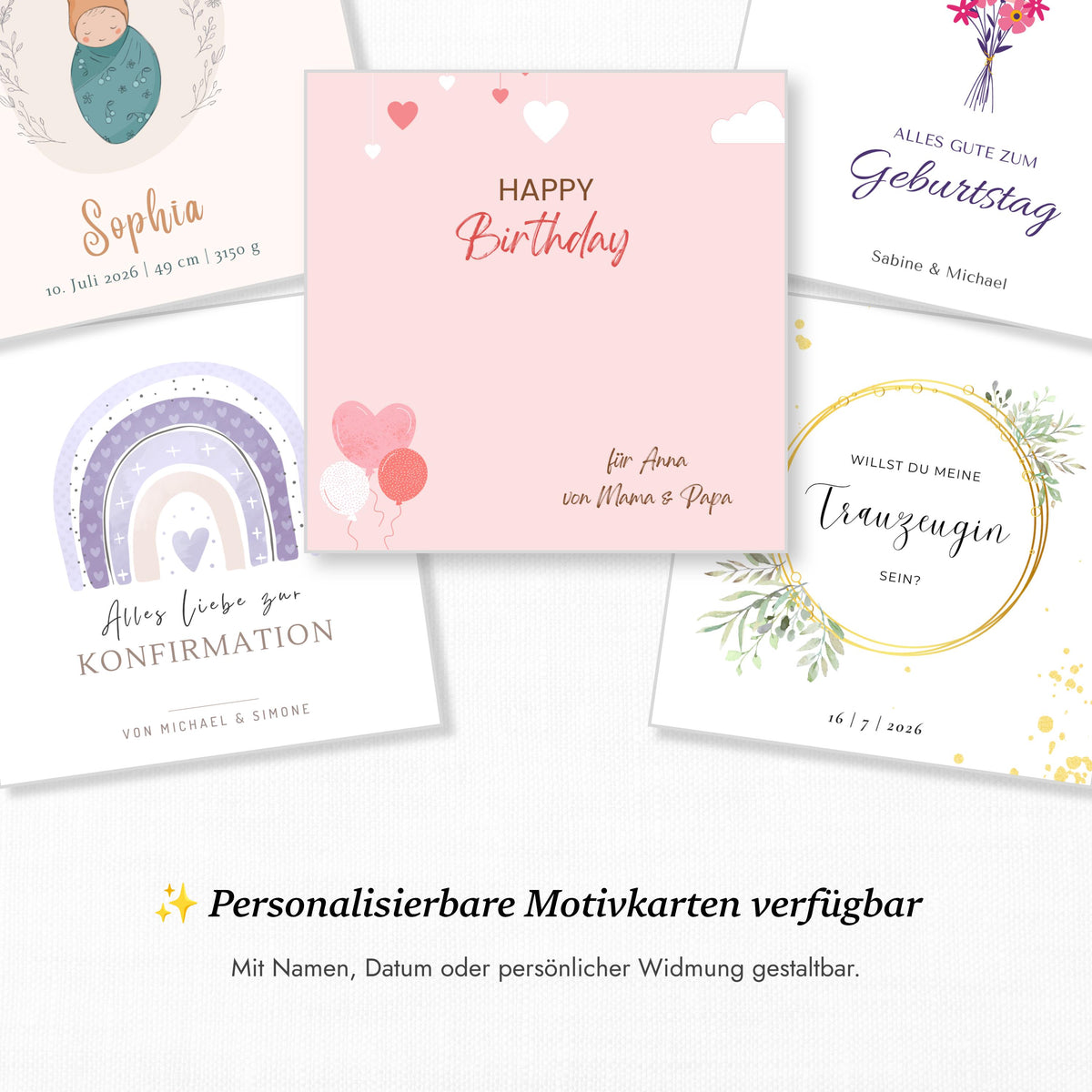 Übersicht weiterer personalisierbarer Charmerie-Grußkarten-Designs, u.a. für Trauzeugin und Geburtstag