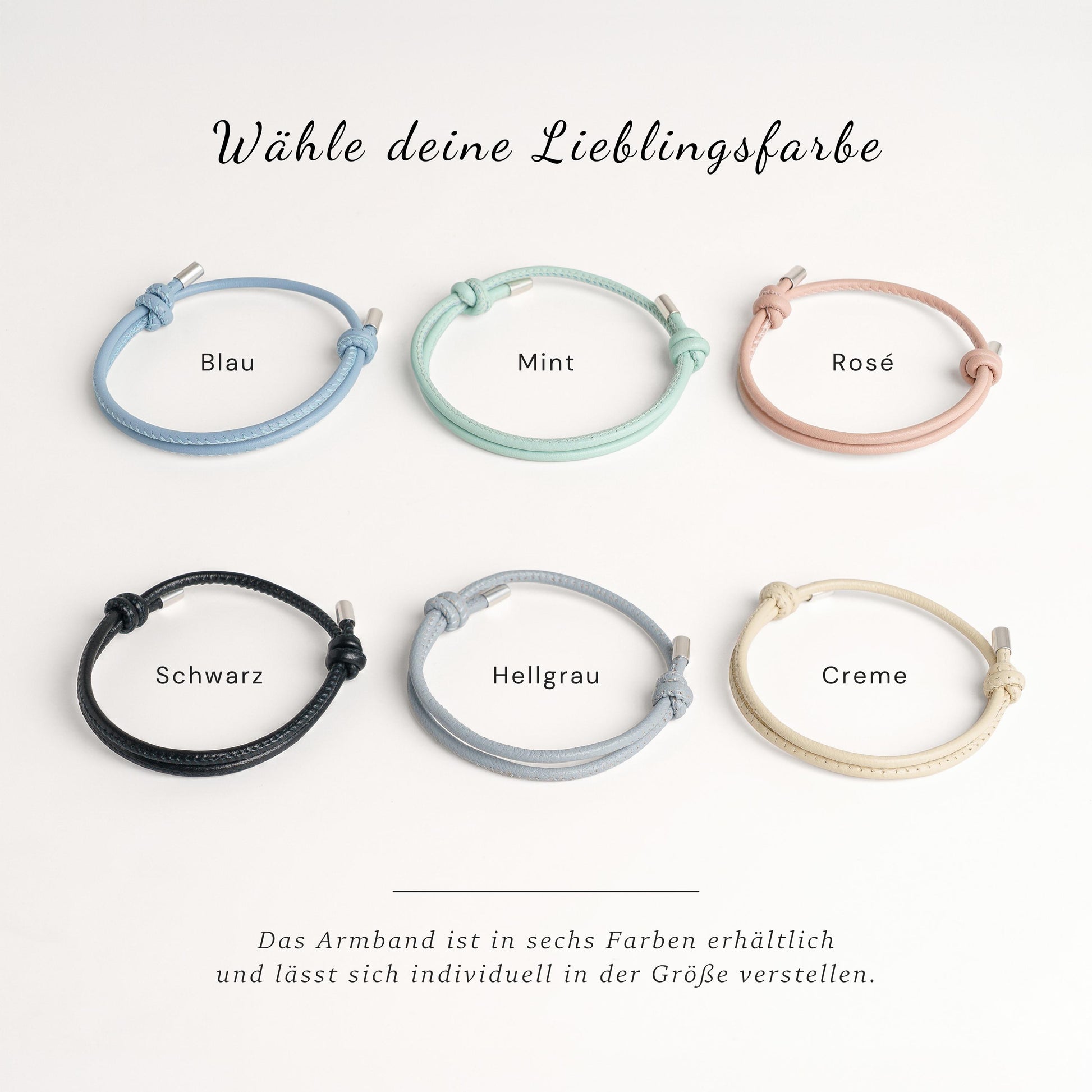 Charmerie Lederarmband Farbauswahl: erhältlich in Blau, Mint, Rosé, Schwarz, Hellgrau und Créme