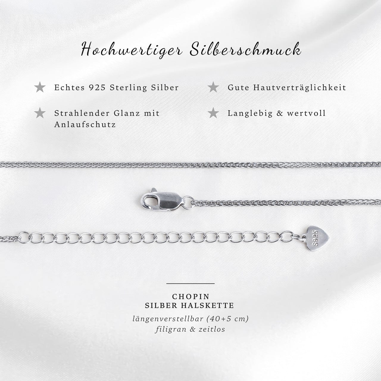Chopin Silber Halskette aus 925 Sterling Silber, Nahaufnahme der Zopfkette vor weissem Hintergrund
