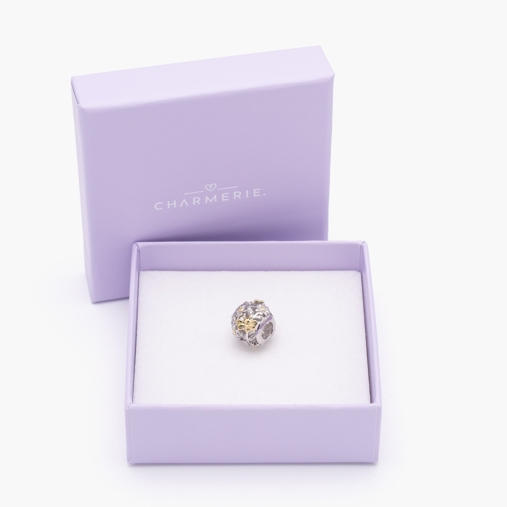 Funkelnde Biene Charm mit goldenen Blüten aus 925 Sterling-Silber in Charmerie Geschenkbox