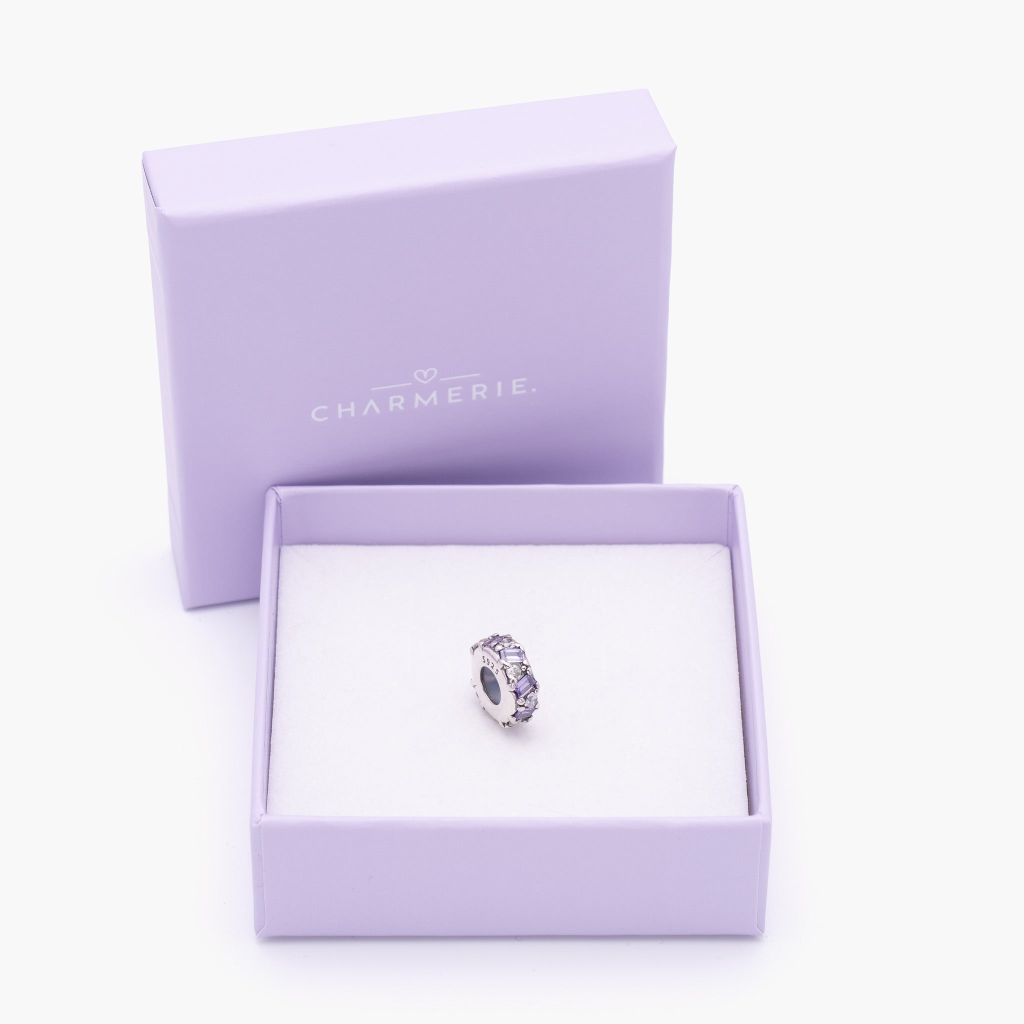 Funkelnder Charm Stopper mit lila Zirkonia aus 925 Sterling-Silber in Charmerie Geschenkbox