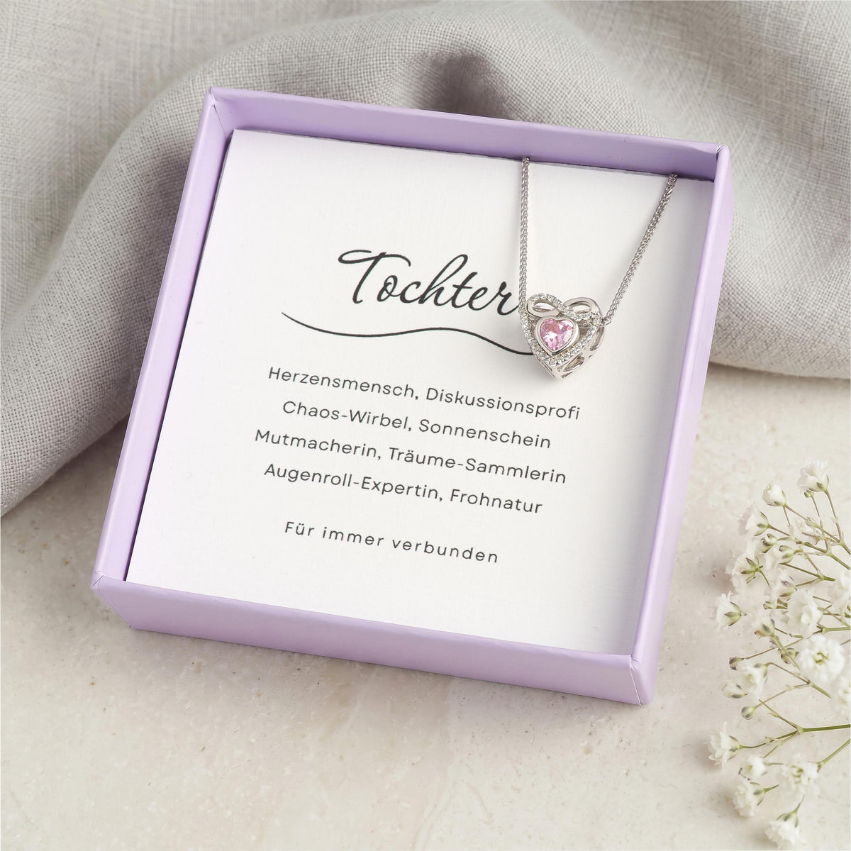 Kette mit Herzanhänger aus 925 Silber in Geschenkbox, Geschenkkarte "Tochter"