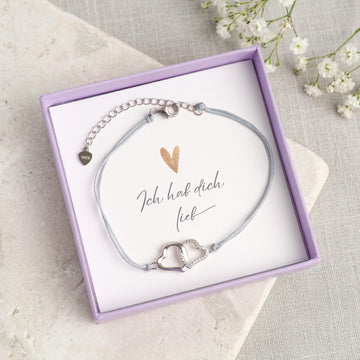 Geschenkkarte "Ich hab dich lieb" mit Herz-Motiv zum Segeltau-Armband mit zwei verschlungenen Herzen aus 925 Silber
