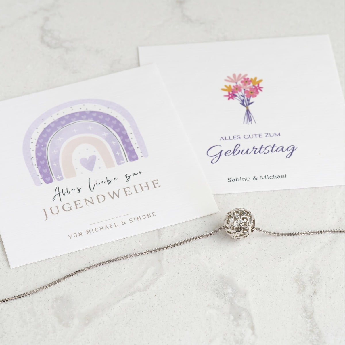 Grußkarte mit Regenbogen-Motiv "Alles Liebe zur Jugendweihe" zur Kette mit Kleeblatt-Anhänger