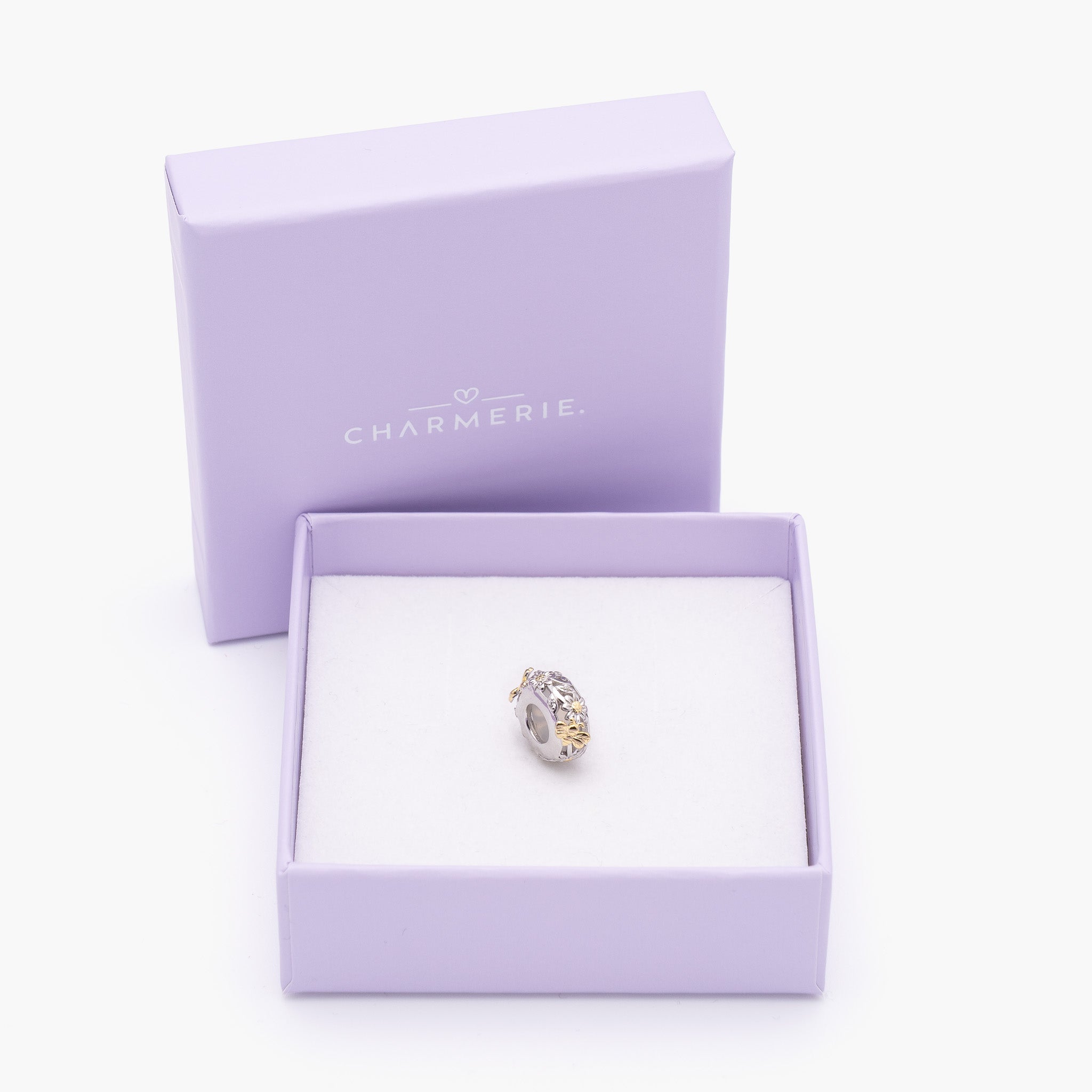 Kleine Biene Charm Stopper mit goldenen Blüten aus 925 Sterling-Silber in Charmerie Geschenkbox