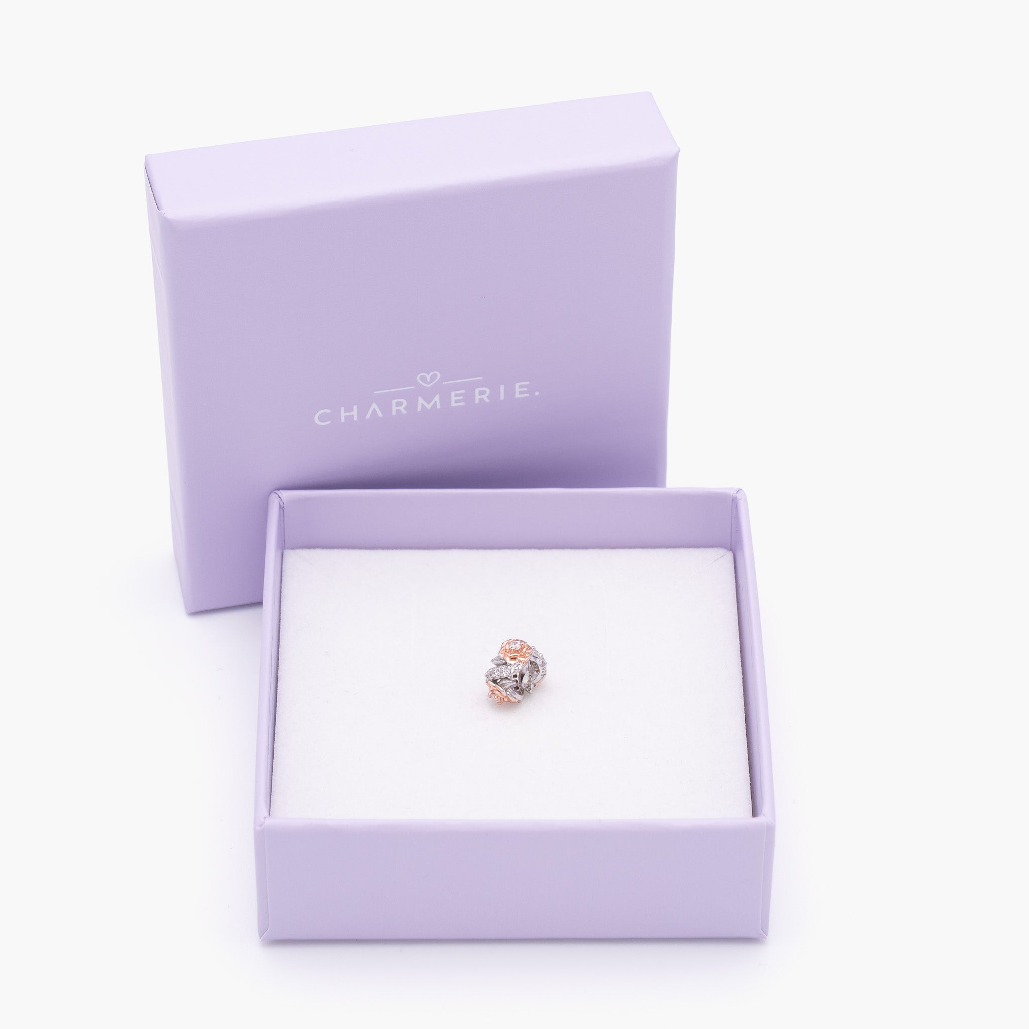Kleiner Rosenblüten Charm mit Roségold aus 925 Sterling-Silber in Charmerie Geschenkbox