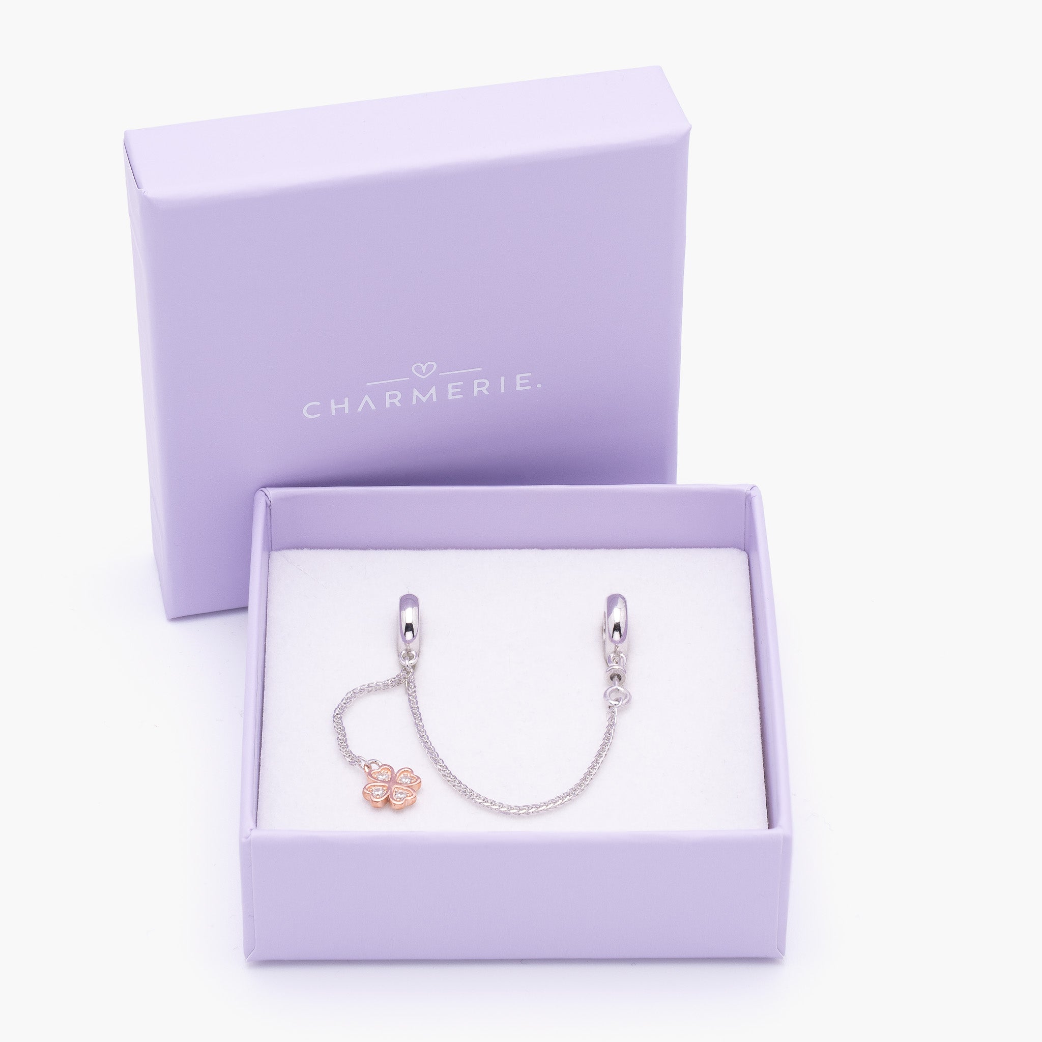 Kleines Kleeblatt Sicherheitskette mit Roségold aus 925 Sterling-Silber in Charmerie Geschenkbox