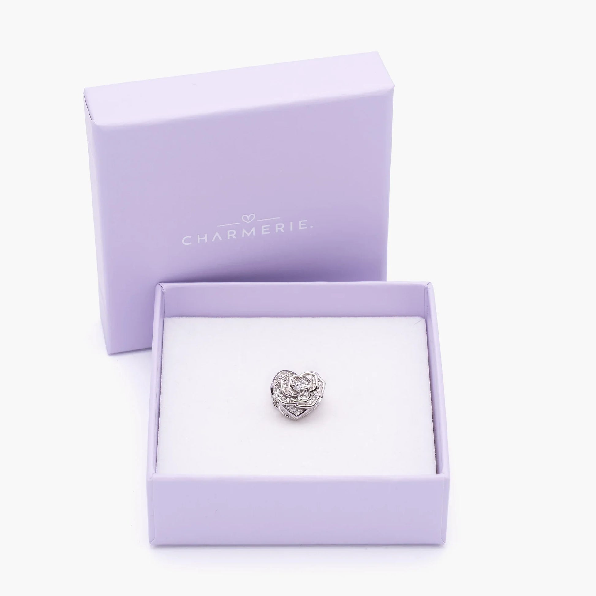 Romantischer Rosenherz Charm mit weißen Zirkonia aus 925 Sterling-Silber in Charmerie Geschenkbox