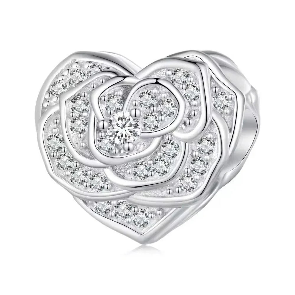 Romantischer Rosenherz Charm mit weißen Zirkonia aus 925 Sterling-Silber – Charmerie