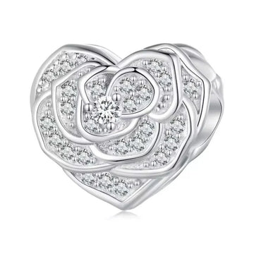Romantischer Rosenherz Charm mit weißen Zirkonia aus 925 Sterling-Silber – Charmerie