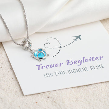 Kette mit Schildkröten-Anhänger aus 925 Silber und blauem Kristallglas, Geschenkkarte "Treuer Begleiter für eine sichere Reise"