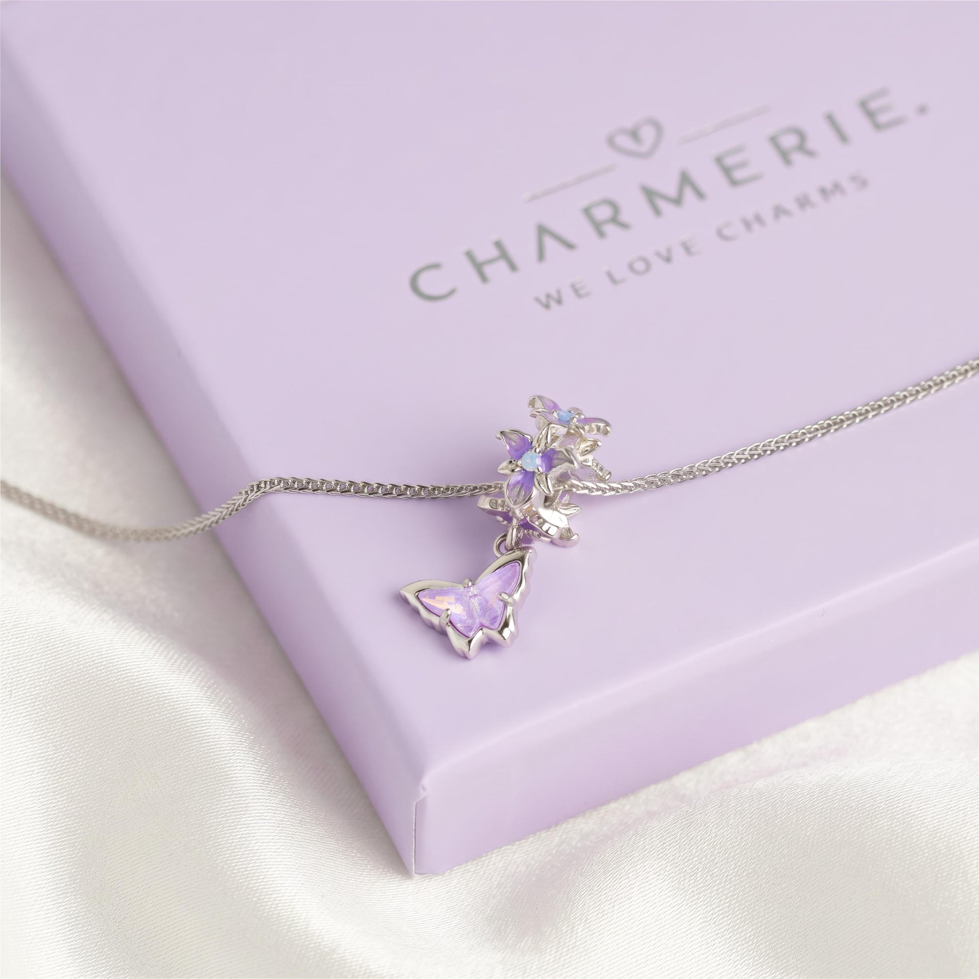 Kette mit Schmetterling-Anhänger aus 925 Silber in Charmerie-Geschenkbox, freigestellt