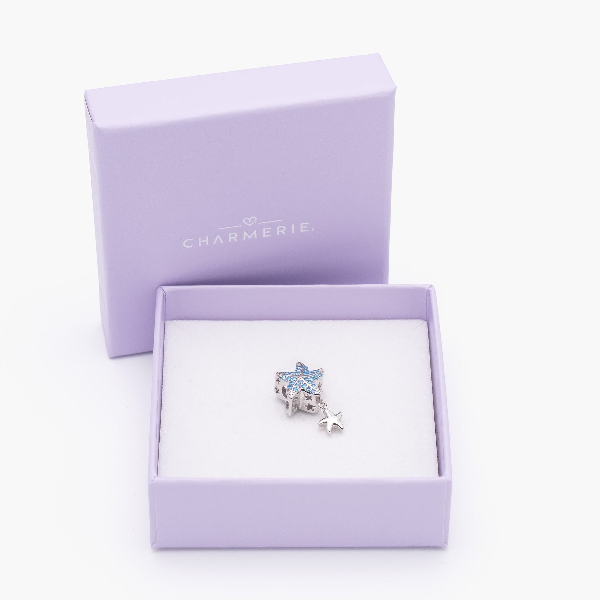 Seestern Charm Anhänger mit blauen Zirkonia aus 925 Sterling-Silber in Charmerie Geschenkbox
