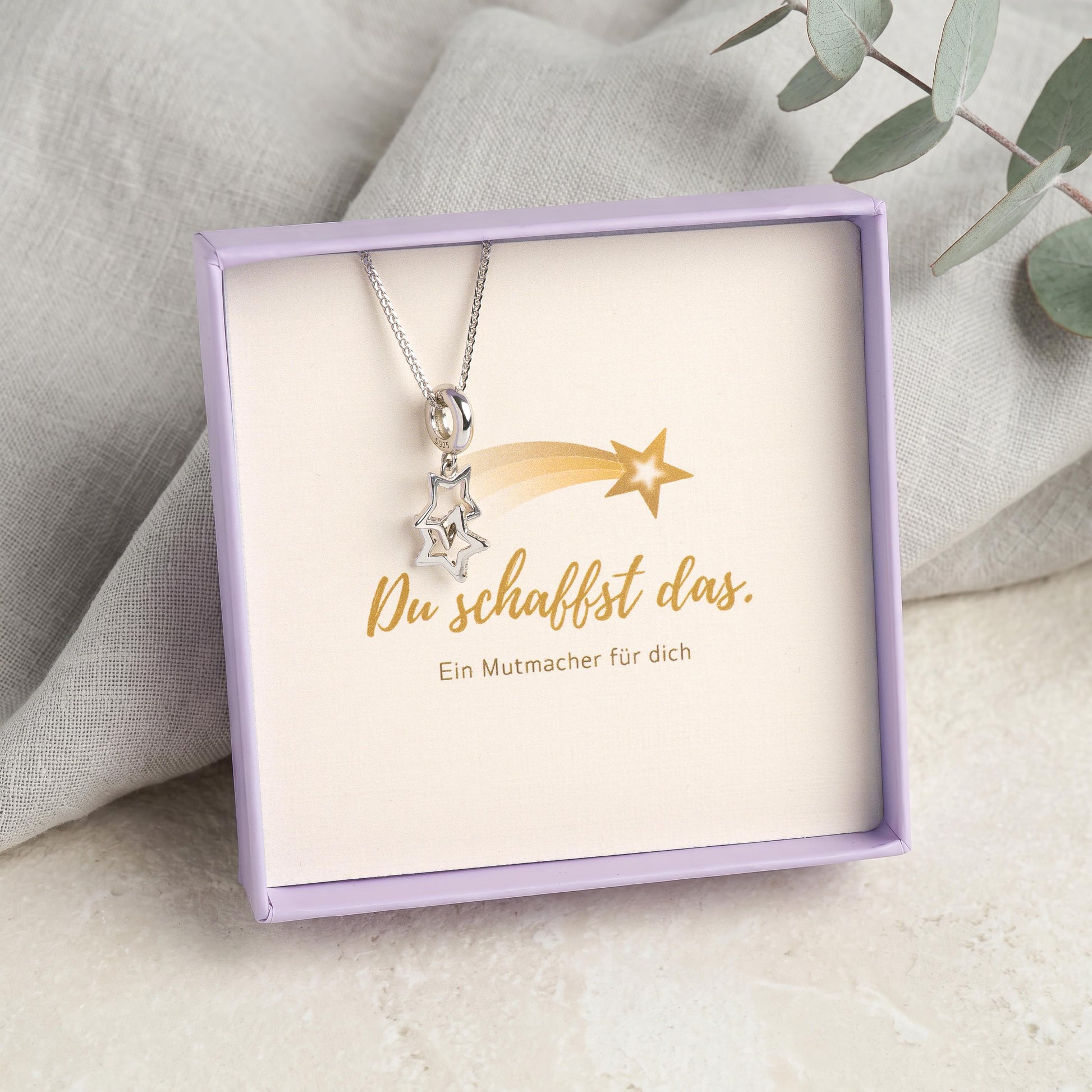 Kette mit Stern-Anhänger aus 925 Silber, Geschenkkarte "Du schaffst das" mit Sternschnuppen-Motiv