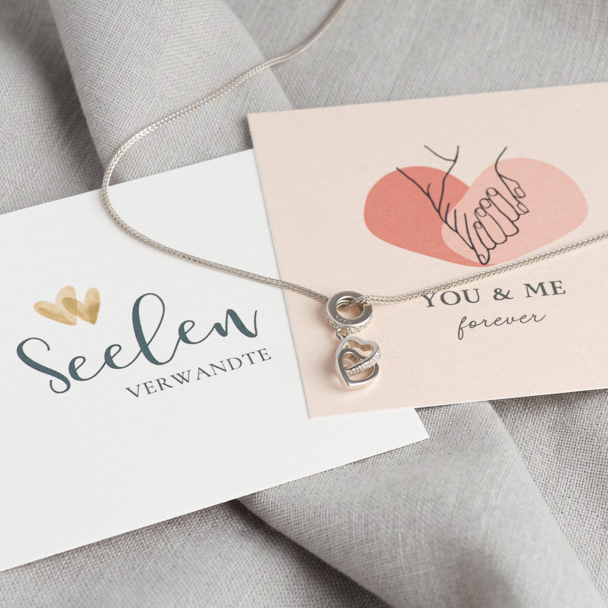 Grußkarten "Seelenverwandte" und "You & Me forever" zur Kette mit verschlungenen Herzen